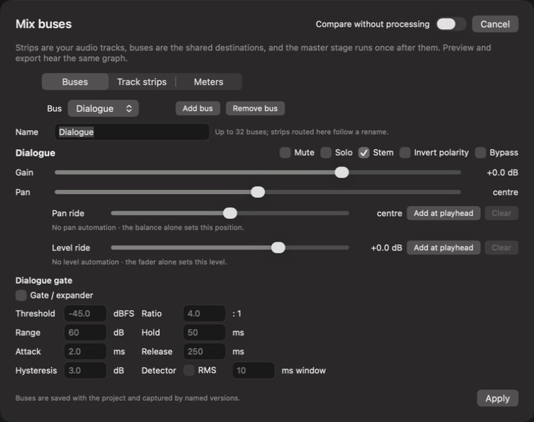 Audio bus controls in Meridian